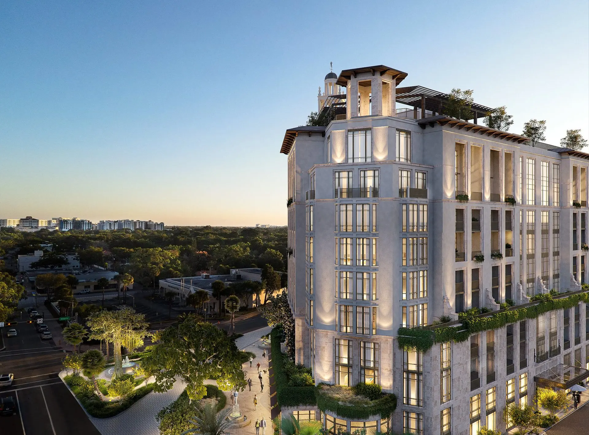 Ponce Park Residences, Coral Gables, at dusk